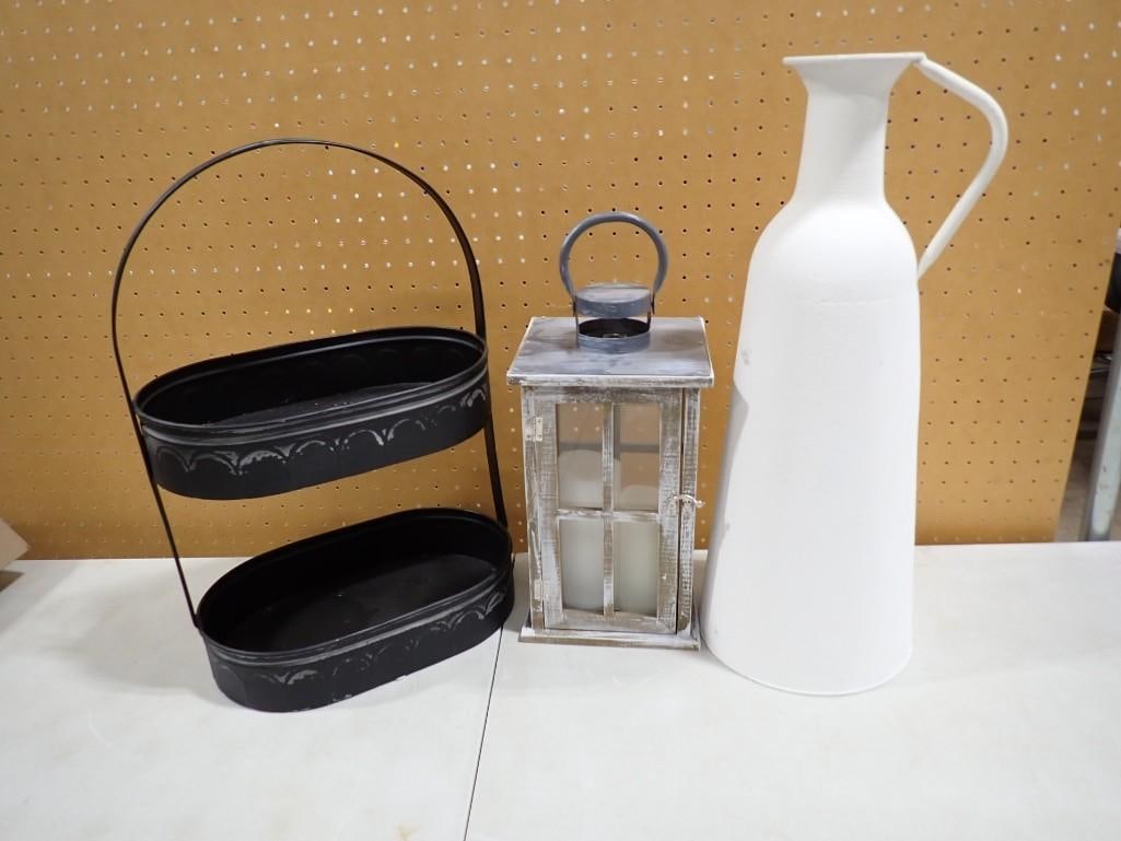 Houseware lot including two tiered planter or tray, Pitcher or Vase, Lantern / Candle Holder (1 of 5)