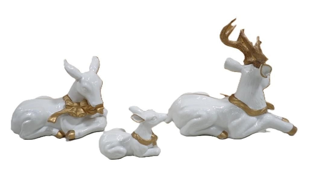 Grandeur Noel Porcelain Deer Family with Gold Gilt: Grandeur Noel Porcelain Deer Family with Gold Gilt All pictures are considered part of the description and should be examined carefully by bidders. Live Auctioneers is now offering Live Shipping throu