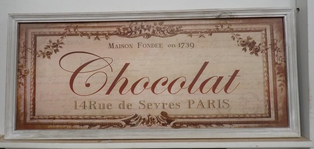 Framed Chocolat Sign - Measures roughly 27x12": Framed Chocolat Sign - Measures roughly 27x12" All pictures are considered part of the description and should be examined carefully by bidders. Live Auctioneers is now offering Live Shipping throu