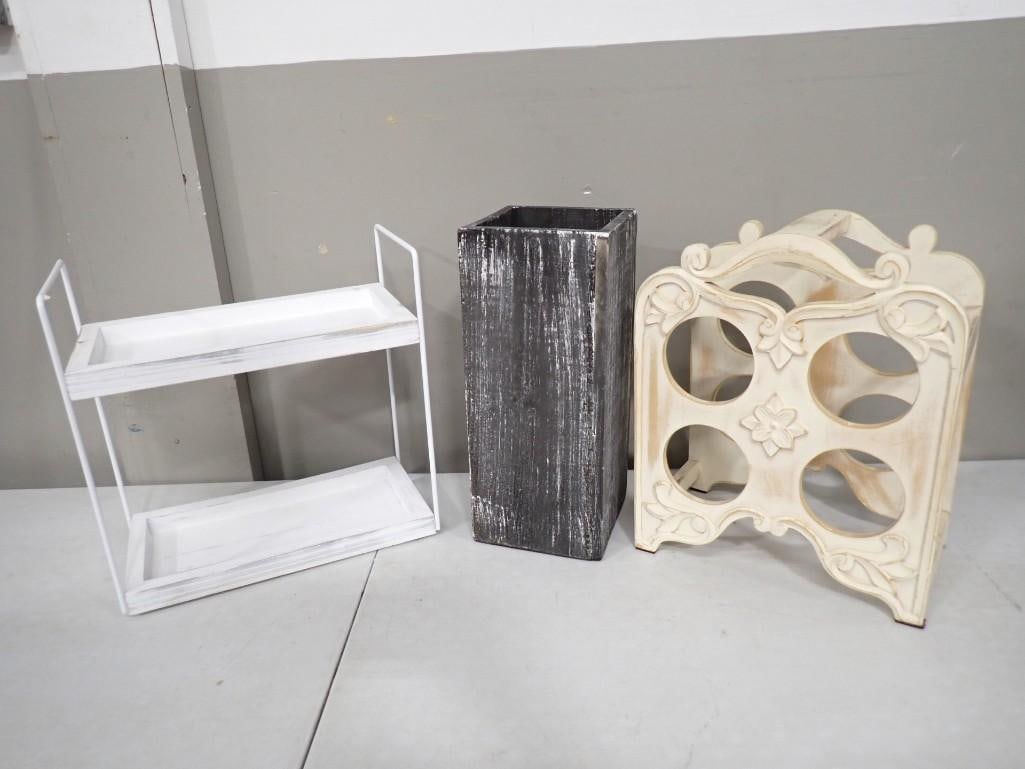 Home Decor Lot including Wine Rack, Vase, Two Tier Shelf: Home Decor Lot including Wine Rack, Vase, Two Tier Shelf All pictures are considered part of the description and should be examined carefully by bidders. Live Auctioneers is now offering Live Shipping