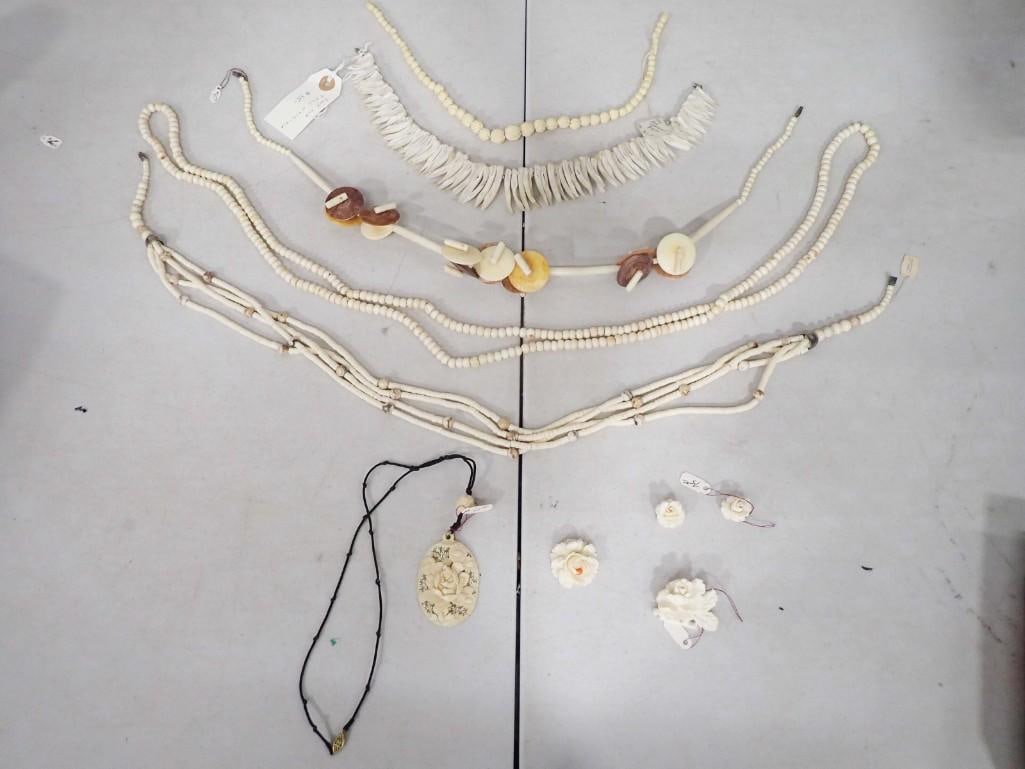 Lot of Costume Jewelry incl Carved Bone Jewelry: Lot of Costume Jewelry including necklaces, earrings, etc. Includes carved bone jewelry. All pictures are considered part of the description and should be examined carefully by bidders. Live A