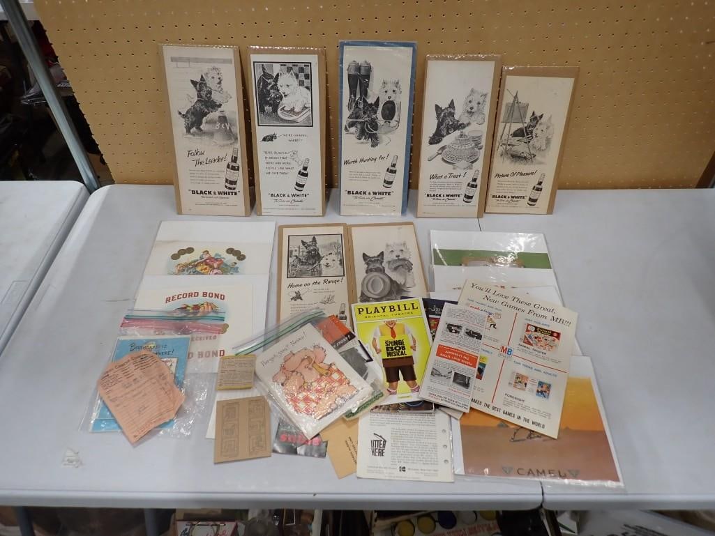 Vintage Ephemera incl Black and White Scotch Whiskey Ads Featuring Scottie Dogs, Greeting Cards, etc: Vintage Ephemera incl Black and White Scotch Whiskey Ads Featuring Scottish Terriers aka Scottie Dogs, Greeting Cards, etc Largest is 14"x7" All pictures are considered part of the description