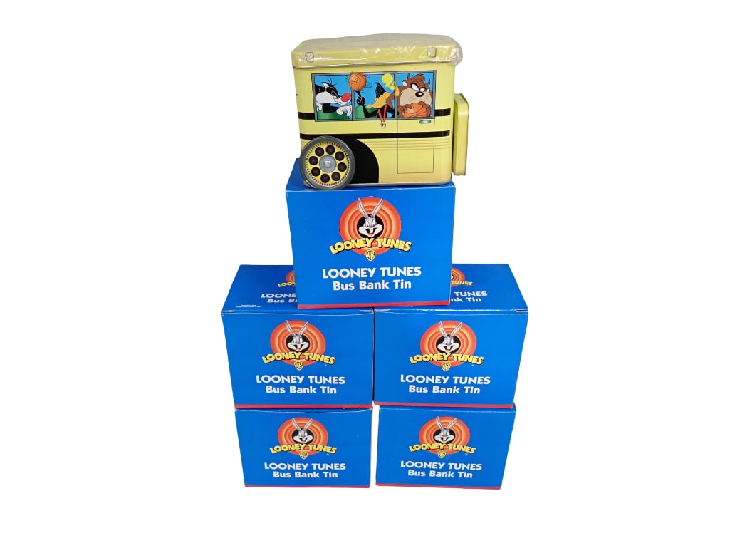 5 Warner Bros Looney Tuns bus Bank Tins New in Boxes: Lot of 5 Warner Bros Looney Tuns bus Bank Tins New in Boxes All pictures are considered part of the description and should be examined carefully by bidders. Live Auctioneers is now offering Liv