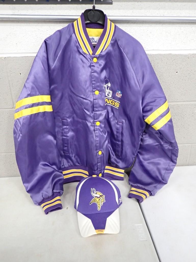 Minnesota Vikings Satin Jacket Size M and a Minnesota Vikings Hat or Cap: Minnesota Vikings Satin Jacket Size M and a Minnesota Vikings Hat or Cap All pictures are considered part of the description and should be examined carefully by bidders. Live Auctioneers is now offeri