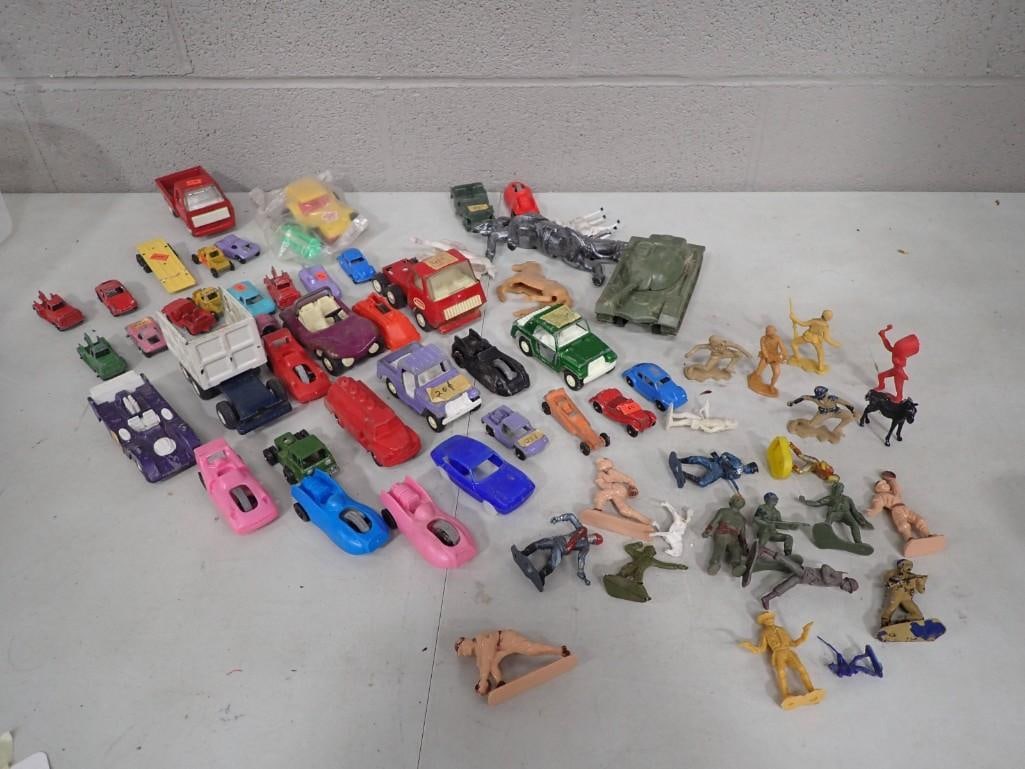 Vintage Small Toys incl TootsieToy, Tonka, Plastic Soldiers, 1960s JVZCO Flywheel Racers,: Vintage Small Toys incl TootsieToy, Tonka, Plastic Army Men, 1960s JVZCO Flywheel Racers, Plastic Baseball Players, TimMee Plastic M48 Patton Tank Toy, Plastic Horses, etc All pictures are considered