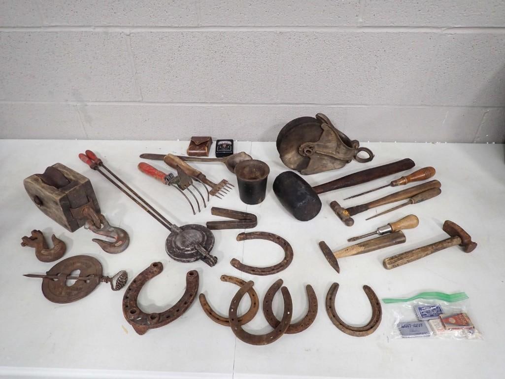 Lot of Vintage Tools, Block and Tackle Pulley, Horseshoes, Campfire Pie Iron, etc (1 of 10)