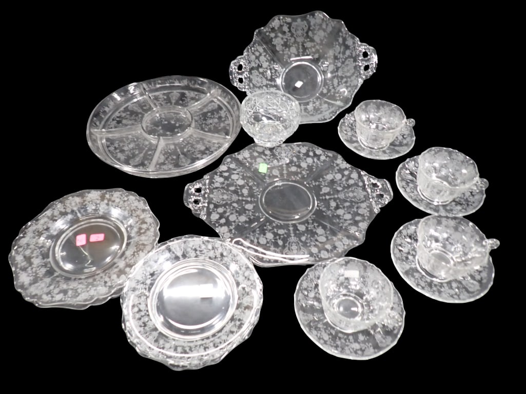 Vintage Cambridge Glass Rose Point Serving Platters, Bowl, Cups and Saucers, Plates, Etc (1 of 6)