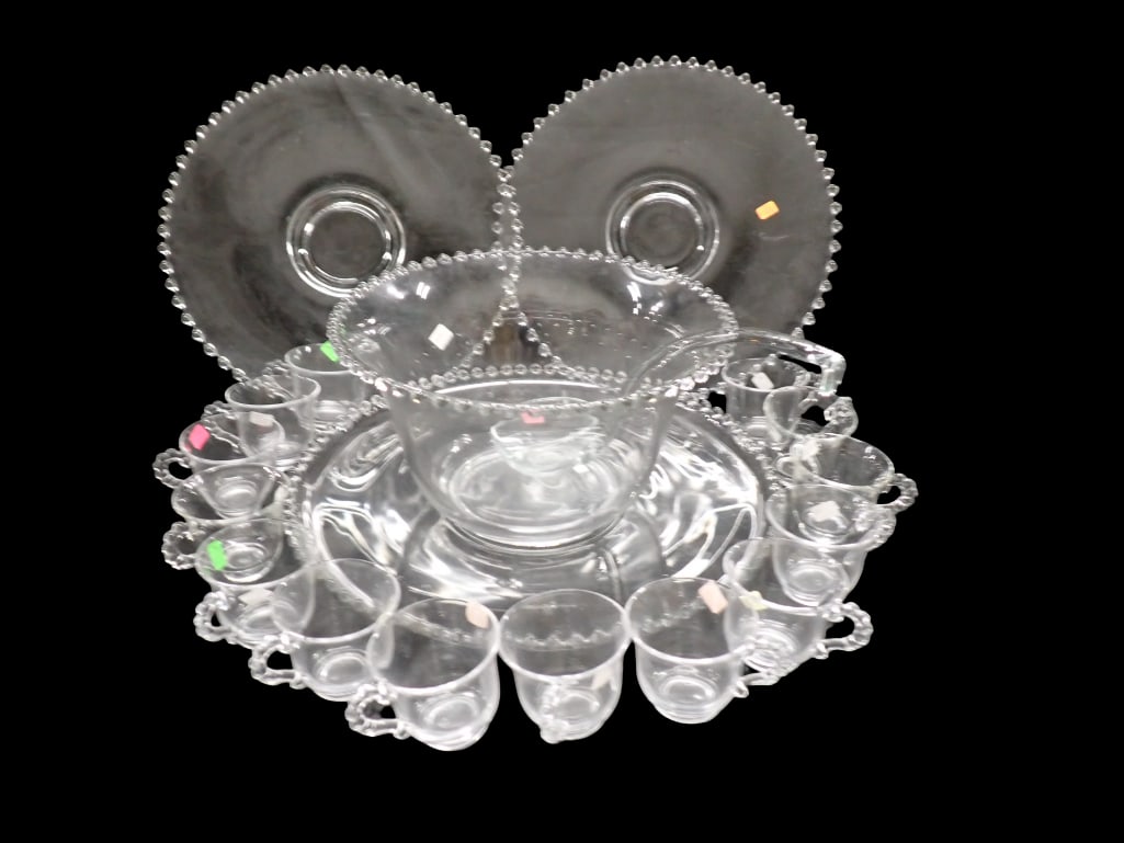 Lot of Imperial Glass Candlewick Pattern incl Serving or Small Punch Bowl, Plates, Cups (1 of 10)