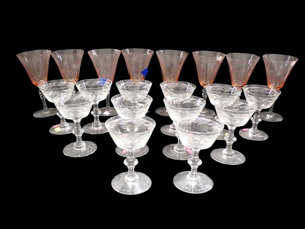 Lot of Stemware incl Pink Glass with Clear Stems and Clear: Lot of Stemware incl Pink Glass with Clear Stems and Clear All pictures are considered part of the description and should be examined carefully by bidders. Live Auctioneers is now offering Live Ship