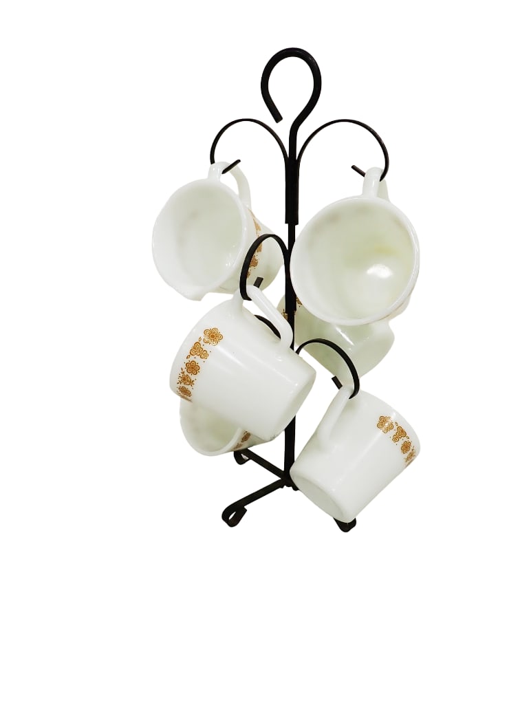 5 Vintage Pyrex Butterfly Gold Coffee Mugs with Rack and Creamer: Lot of 5 Vintage Pyrex Butterfly Gold Coffee Mugs (c. 1975-1985) with Creamer (c. 1974-1975) and metal mug rack All pictures are considered part of the description and should be examined careful