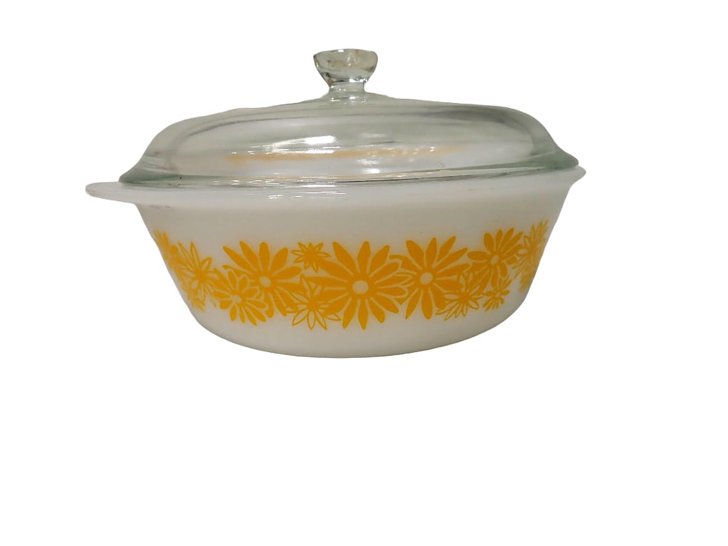 Vintage Glasbake 2 qt. Casserole with Lid, Yellow Daisy Pattern: Vintage Glasbake 2 qt. Casserole with Lid, Yellow Daisy Pattern All pictures are considered part of the description and should be examined carefully by bidders. Live Auctioneers is now offering Live
