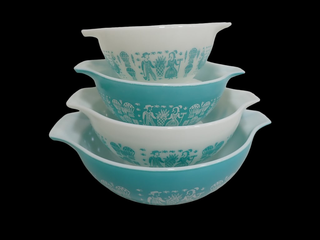 Vintage Pyrex Butterprint Standard Product Line 4 pc. Cinderella Bowl Set 441 1.5 pt. Cinderella Bow: Vintage Pyrex Butterprint Standard Product Line 4 pc. Cinderella Bowl Set 441 1.5 pt. Cinderella Bowl Turquoise Pattern on Opal, 442 1.5 qt. Cinderella Bowl White Pattern on Turquoise, 443 2.5 qt. Cin