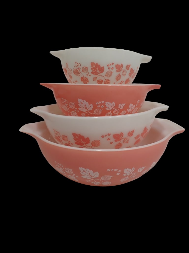 Vintage Pyrex Pink Gooseberry  4 pc. Cinderella Bowl Set including 441, 442, 443, and 444 circa 1657 (1 of 4)