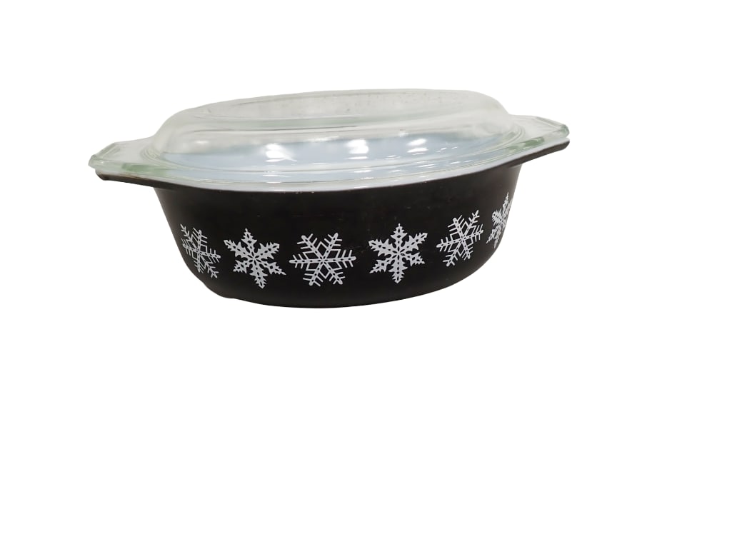 Vintage Pyrex White Snowflake on Charcoal 043 Oval Casserole with Clear Lid circa 1956-1960 (1 of 4)