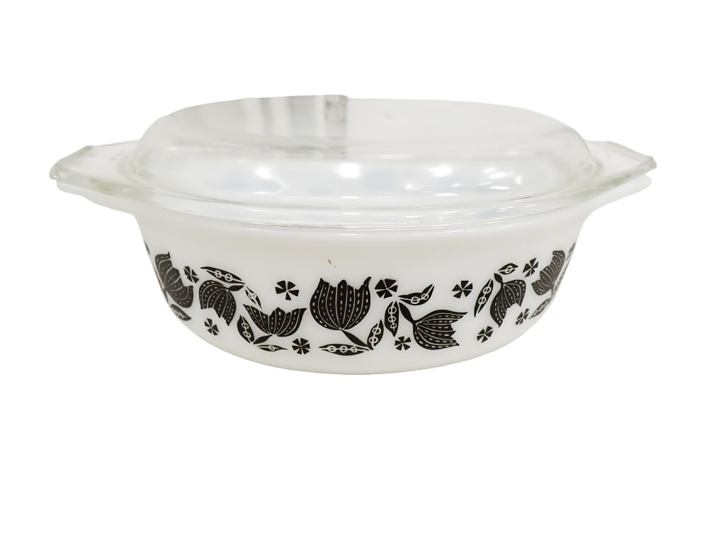 Vintage Pyrex 1956 Promotional Pattern Black Tulip 043 Decorator Casserole with clear lid (1 of 4)