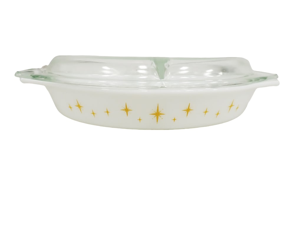 Vintage Pyrex 1959 Promotional Pattern Constellation Dividied Casserole 1 1/2 Qt with Clear Glass Li (1 of 4)