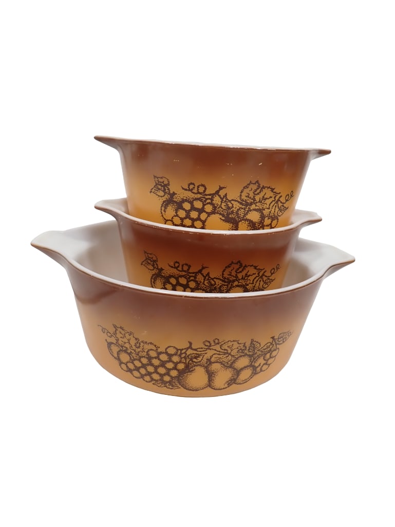 Vintage Pyrex Old Orchard 3 pc. Bake N Serve Casserole Set Including Two 473 and a 475 NO LIDS: Vintage Pyrex Old Orchard 3 pc. Bake N Serve Casserole Set Including Two 473 and a 475 NO LIDS All pictures are considered part of the description and should be examined carefully by bidders. Live A