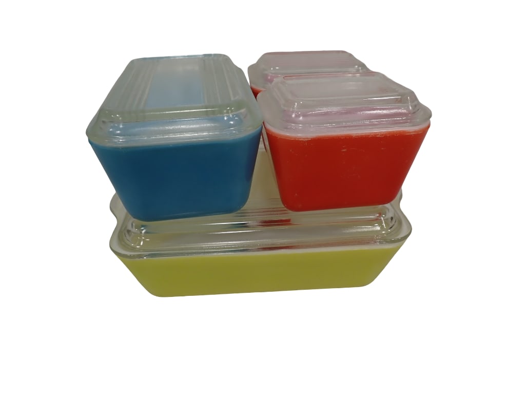 Vintage Pyrex Primary Colors Refrigerator Set Including Two Red 501s, a Blue 502, and a Yellow 503 a (1 of 4)