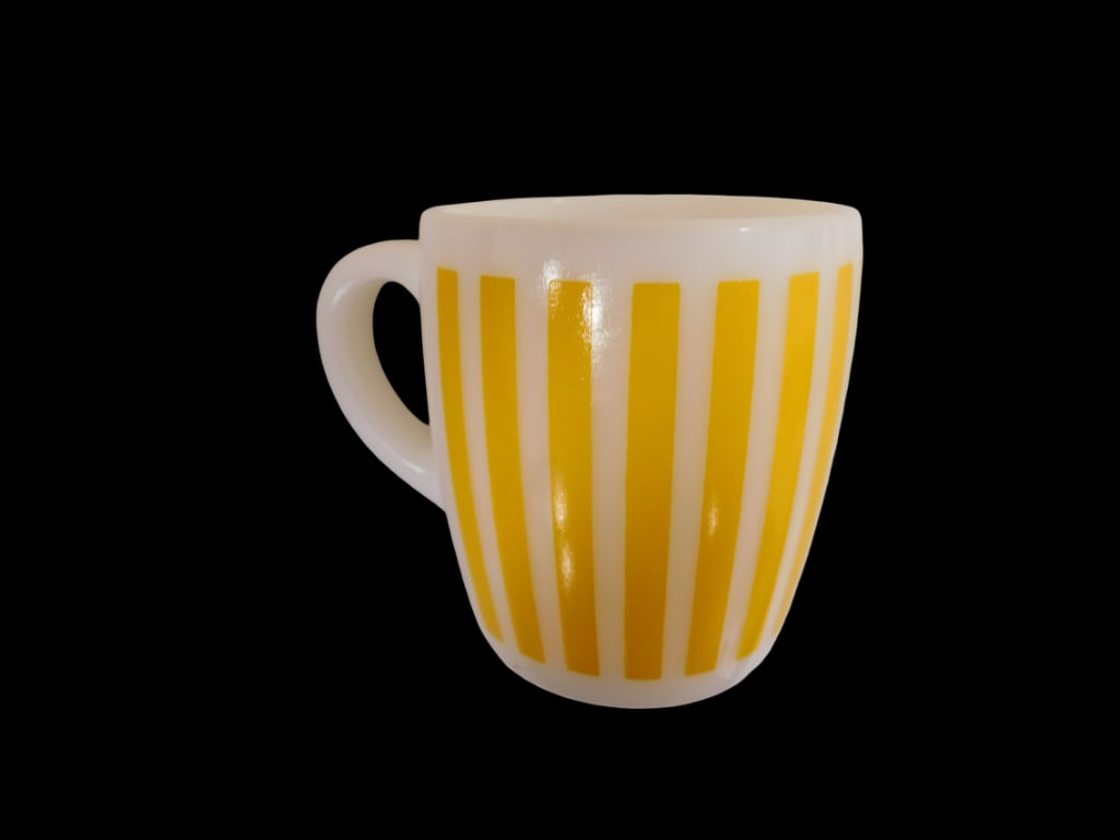 Vintage Hazel Atlas Yellow Candy Stripe Mug: Vintage Hazel Atlas Yellow Candy Stripe Mug. All pictures are considered part of the description and should be examined carefully by bidders. Live Auctioneers is now offering Live Shipping through th