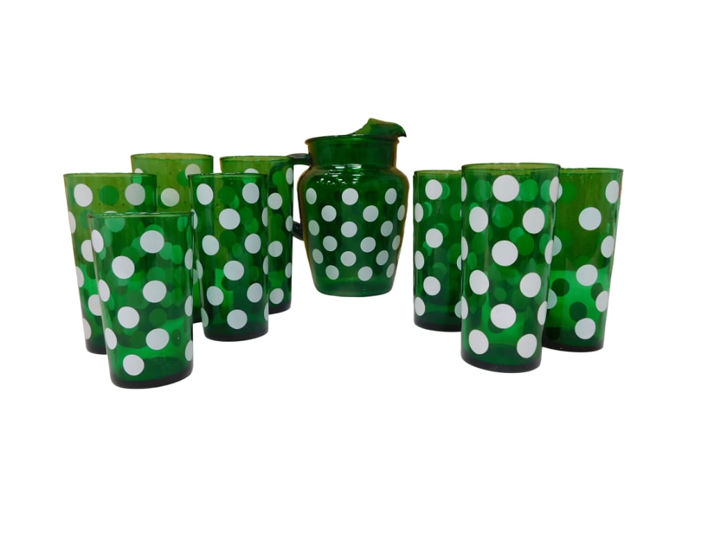 Vintage Anchor Hocking Green with Polka Dots Pitcher, 7 6" Tumblers, 2 7" Tumblers and 1 4 3/4" Tumb (1 of 5)
