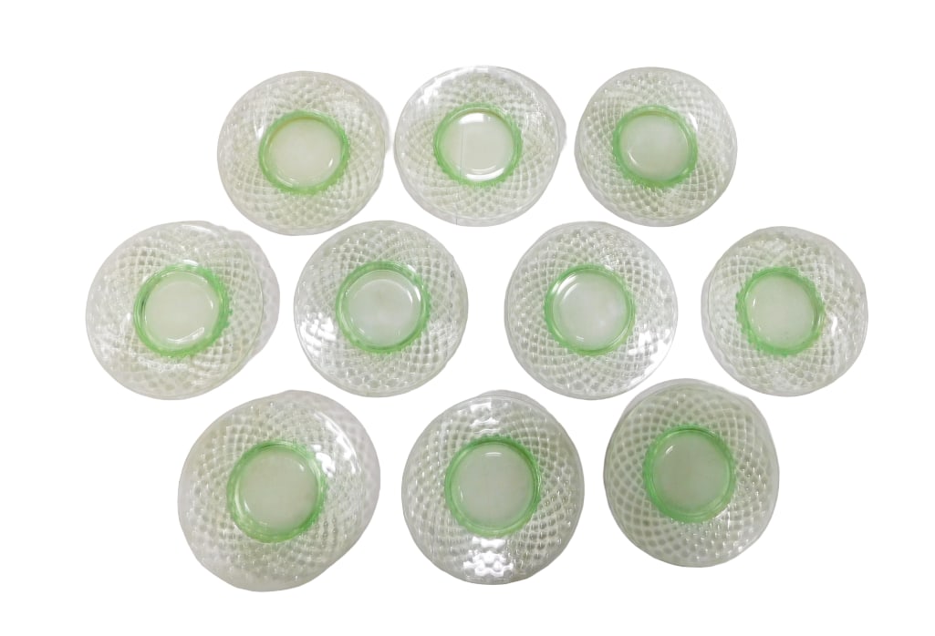 10 Vintage Imperial Glass Diamond Quilted Green Depression Uranium Glass Sherbet Plates (1 of 6)