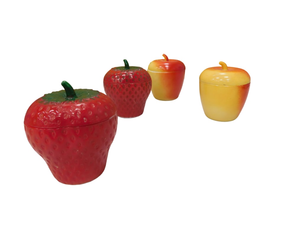 Set of 4 Vintage Hazel Atlas Jam Jars Including 2 Strawberry and 2 Red/Yellow Apple (1 of 5)