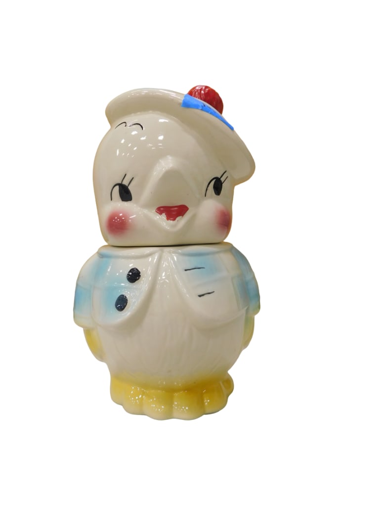 Vintage American Bisque Chick with Hat Cookie Jar: Vintage American Bisque Chick with Hat Cookie Jar. All pictures are considered part of the description and should be examined carefully by bidders. Live Auctioneers is now offering Live Shipping thro