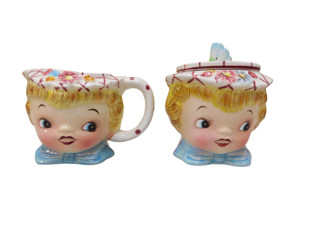 Vintage Lefton Miss Dainty Creamer and Sugar Set: Vintage Lefton Miss Dainty Creamer and Sugar Set. All pictures are considered part of the description and should be examined carefully by bidders. Live Auctioneers is now offering Live Shipping throu