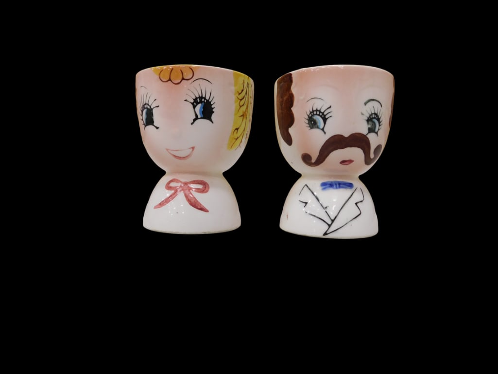 Vintage Anthropomorphic Lady and Gent Egg Cups: Vintage Anthropomorphic Lady and Gent Egg Cups. All pictures are considered part of the description and should be examined carefully by bidders. Live Auctioneers is now offering Live Shipping through