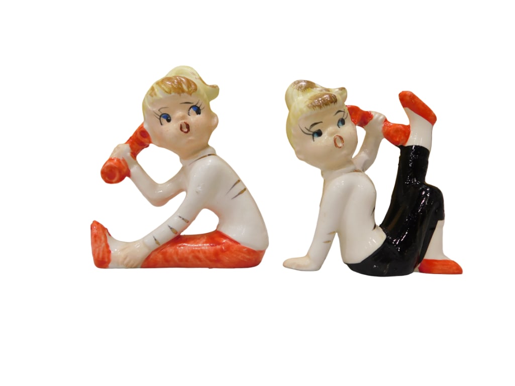 Vintage Japan Telephone Girl Figurines: Vintage Japan Telephone Girl Figurines. All pictures are considered part of the description and should be examined carefully by bidders. Live Auctioneers is now offering Live Shipping through them. Th