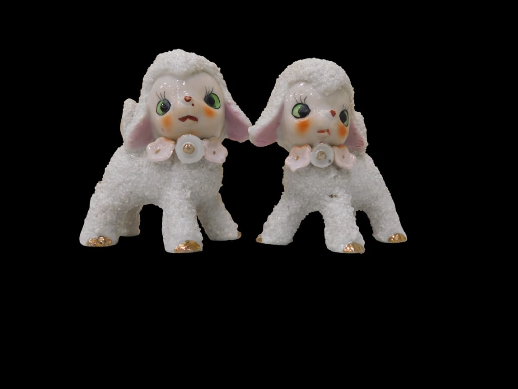 Vintage Anthropomorphic Sugar Texture Lamb Figurines: Vintage Anthropomorphic Sugar Texture Lamb Figurines. All pictures are considered part of the description and should be examined carefully by bidders. Live Auctioneers is now offering Live Shipping th