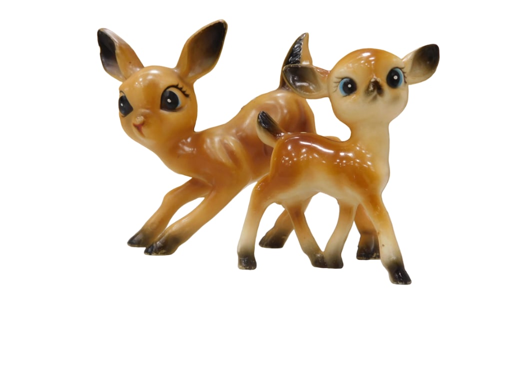 Vintage Hard Plastic Big Eye Deer and Fawn: Vintage Hard Plastic Big Eye Deer and Fawn. All pictures are considered part of the description and should be examined carefully by bidders. Live Auctioneers is now offering Live Shipping through the