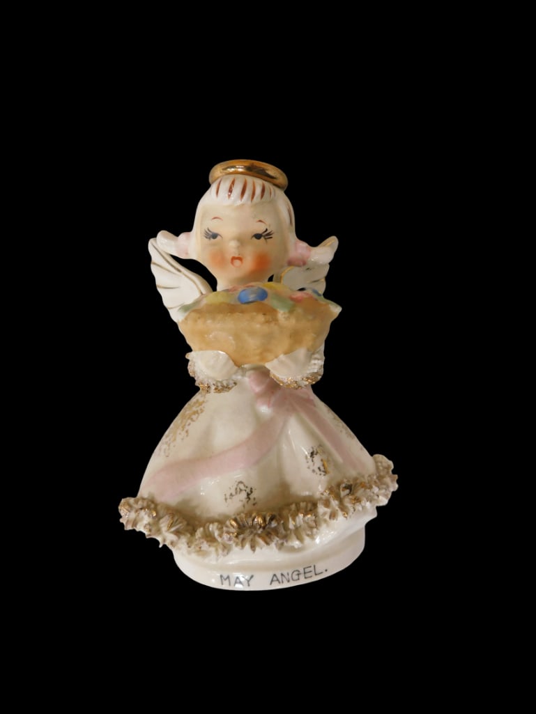 Vintage Lefton May Angel Holding Basked Marked AR1987N: Vintage Lefton May Angel Holding Basked Marked AR1987N. All pictures are considered part of the description and should be examined carefully by bidders. Live Auctioneers is now offering Live Shipping 