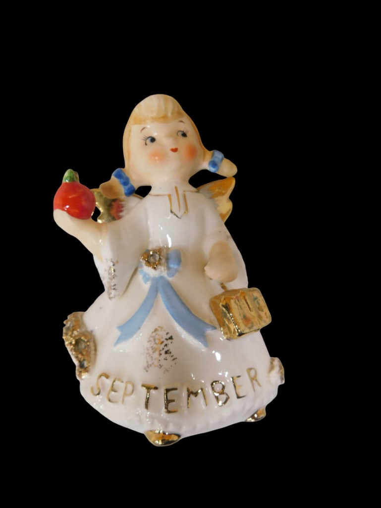 Vintage Lefton September Gemstone Birthday Angel Holding School Books and Apple: Vintage Lefton September Gemstone Birthday Angel Holding School Books and Apple. All pictures are considered part of the description and should be examined carefully by bidders. Live Auctioneers is no