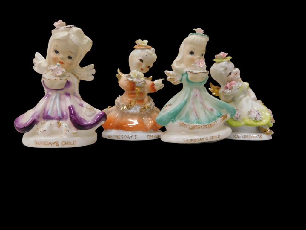 Set of 4 Vintage Lefton Days of the Week Angels Including Sundays Child, Wednesdays Child, Thursdays (1 of 6)