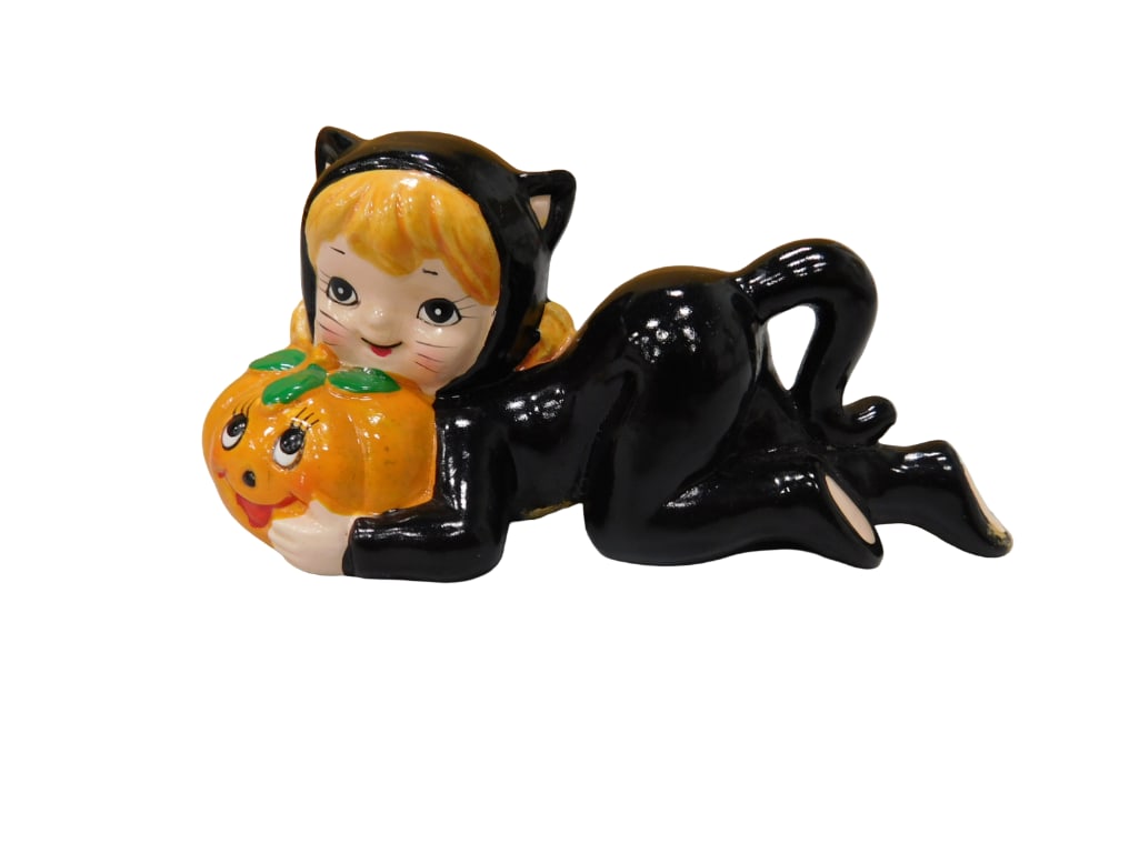Vintage Lefton Halloween Girl in Black Cat Costume: Vintage Lefton Halloween Girl in Black Cat Costume Figurine All pictures are considered part of the description and should be examined carefully by bidders. Live Auctioneers is now offering Live Shipp