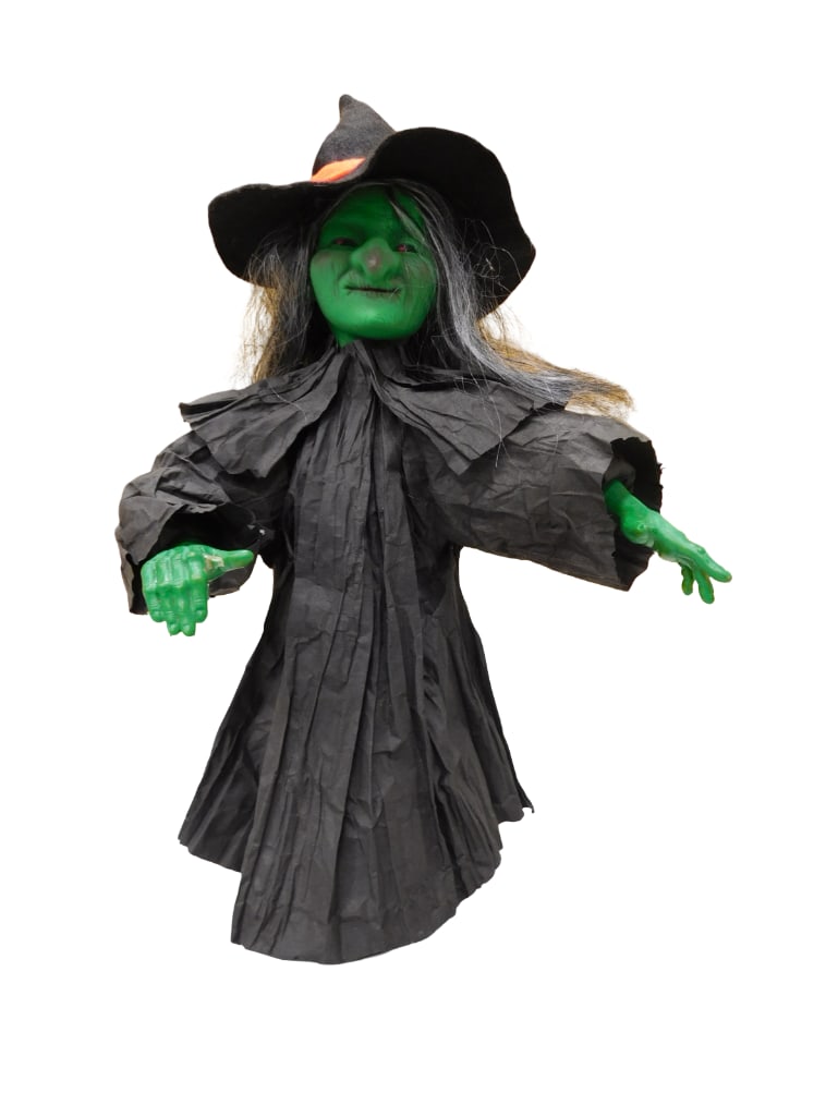 Vintage Handmade Cone Doll Green Face Witch with Crepe Paper Cloak (1 of 3)