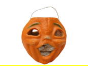 Antique Two Sided 8" Paper Mache Jack O Lantern.  Wire Handle Intact.  No Insert