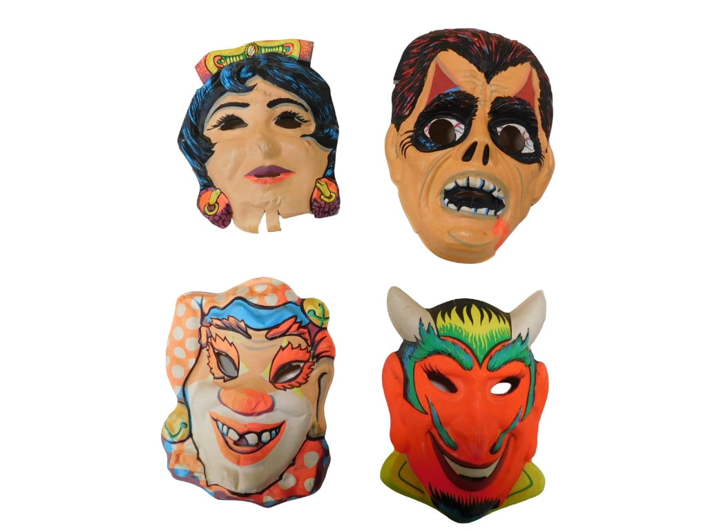 4 Vintage Vacuform Style Halloween Masks including Devil, Clown, Princess, and Dracula (1 of 6)