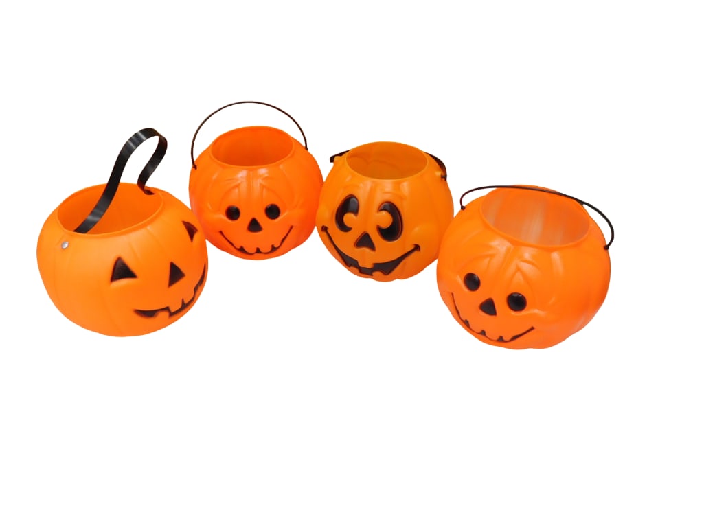 Lot of 4 Jack O' Lantern Blow Mold Pumpkin Buckets Various Face Styles, 1 with Metal Rivets (1 of 5)