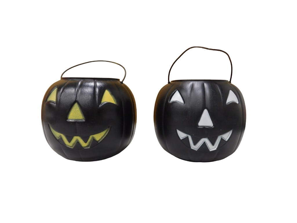 2 Vintage Blow Mold JOL Pumpkin Buckets, Black, 1 with White Face, 1 with Yellow Face (1 of 5)