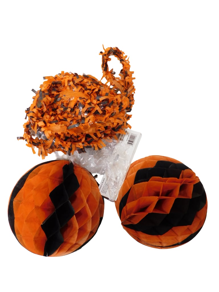 Halloween Tissue Crepe Paper Festooning and Two Black and Orange Honey Comb Tissue Paper Balls: Halloween Tissue Crepe Paper Festooning and Two Black and Orange Honey Comb Tissue Paper Balls. All pictures are considered part of the description and should be examined carefully by bidders. Live A