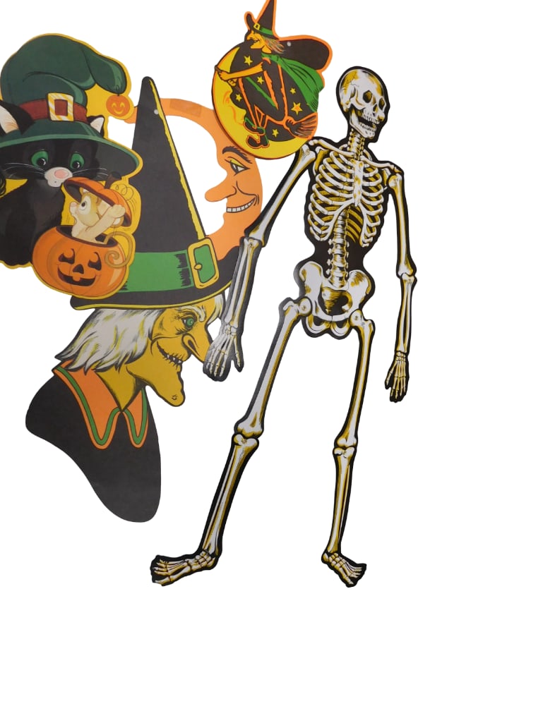 Variety Lot of Halloween Die Cuts Including Beistle 1970 Jointed Skeleton, Beistle 2012 Witch on Bro (1 of 7)