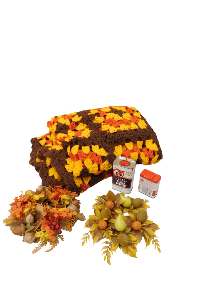 Vintage 2 Fall Floral Candle Rings, 2 Spice Tins and 1 Crochet Afghan 62" x 50": Vintage 2 Fall Floral Candle Rings, 2 Spice Tins and 1 Crochet Afghan 62" x 50" in Autumn Colors All pictures are considered part of the description and should be examined carefully by bidder