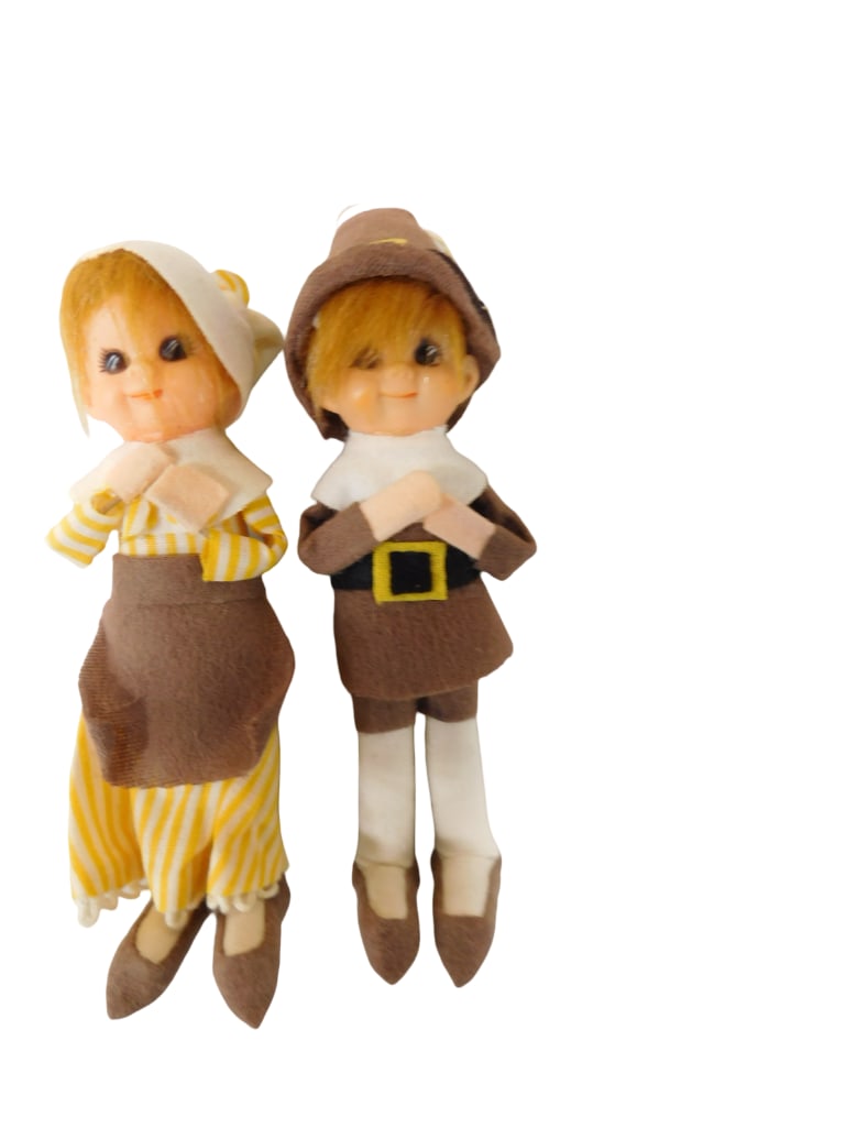 2 Vintage Hard Plastic Face Pilgrim Dolls: Set of 2 Vintage Hard Plastic Face Pilgrim Dolls. All pictures are considered part of the description and should be examined carefully by bidders. Live Auctioneers is now offering Live Shipping throu