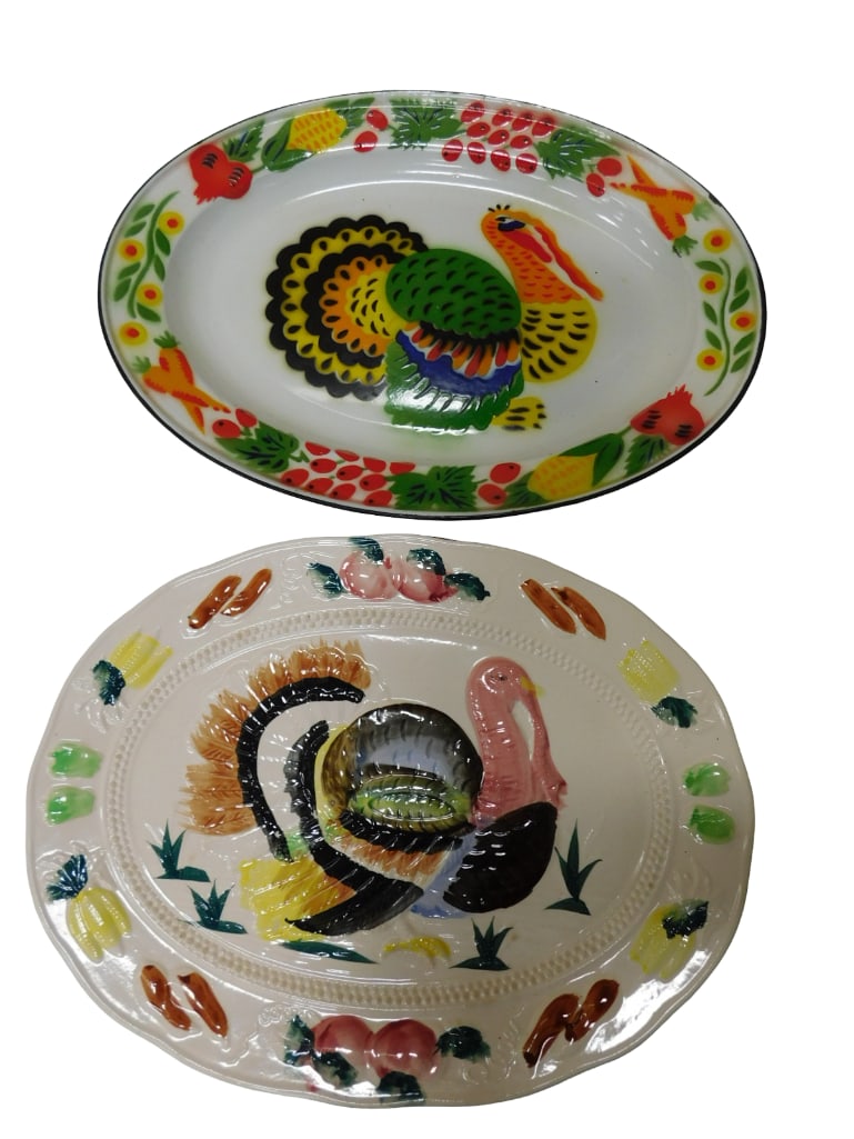 2 Vintage Turkey Platters, 1 Ceramic and 1 Enamelware (1 of 4)
