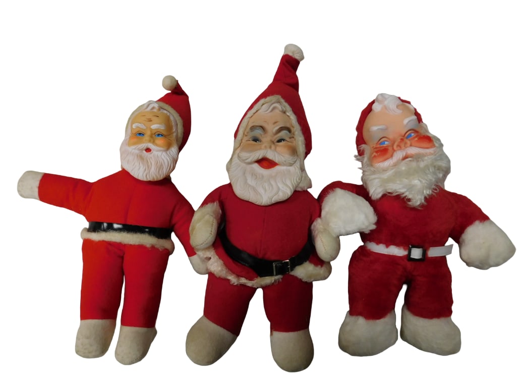 3 Vintage Rubber Face Santas Approximately 14" Tall each: 3 Vintage Rubber Face Santas Approximately 14" Tall each. All pictures are considered part of the description and should be examined carefully by bidders. Live Auctioneers is now offering Live Shi