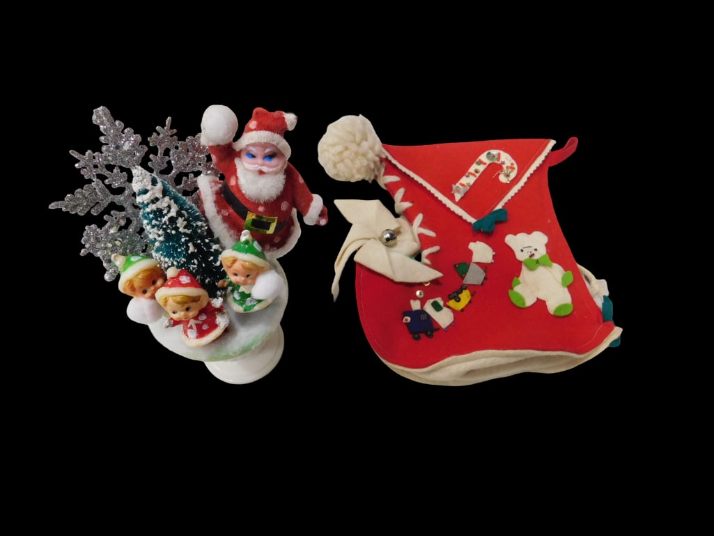 Small Vintage Stocking and Hand Made Christmas Assemblage with Elves: Small Vintage Stocking and Hand Made Christmas Assemblage with Elves. All pictures are considered part of the description and should be examined carefully by bidders. Live Auctioneers is now offering 
