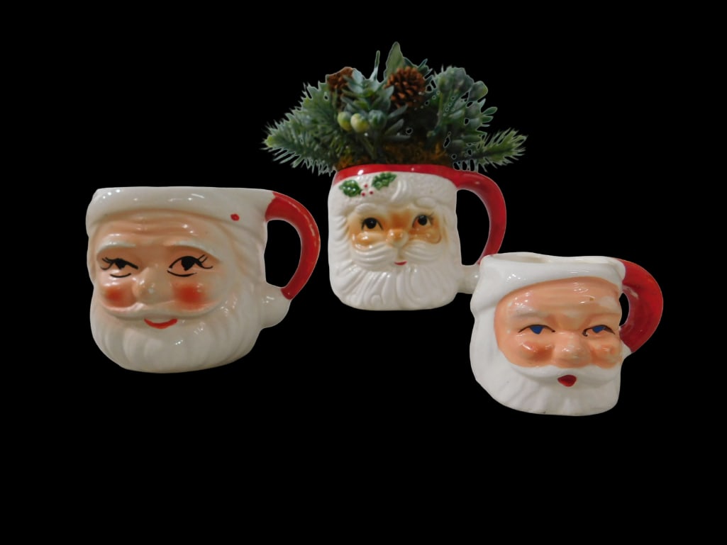 Variety Lot of 3 Vintage Santa Head Mugs: Variety Lot of 3 Vintage Santa Head Mugs. All pictures are considered part of the description and should be examined carefully by bidders. Live Auctioneers is now offering Live Shipping through them.