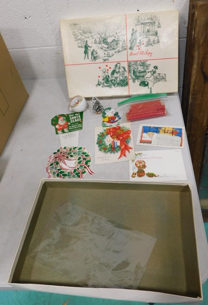 Lot of Vintage Christmas Including Marshall Field Box, Ephemera, Candles, and More: Lot of Vintage Christmas Including Marshall Field Box, Ephemera, Candles, and More. All pictures are considered part of the description and should be examined carefully by bidders. Live Auctioneers is